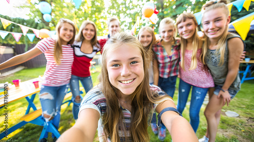 Happy Woman Selfie with Friends on Patio Joyful Lunch Party   