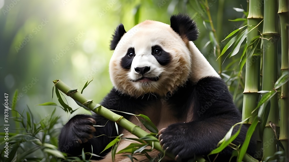 Massive panda consuming bamboo HD 8K wallpaper Stock Photo - obrazy, fototapety, plakaty 