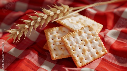 Template for an ad for saltine crackers. Unflavored saltine crackers on red picnic plaid with farmland in the background. photo