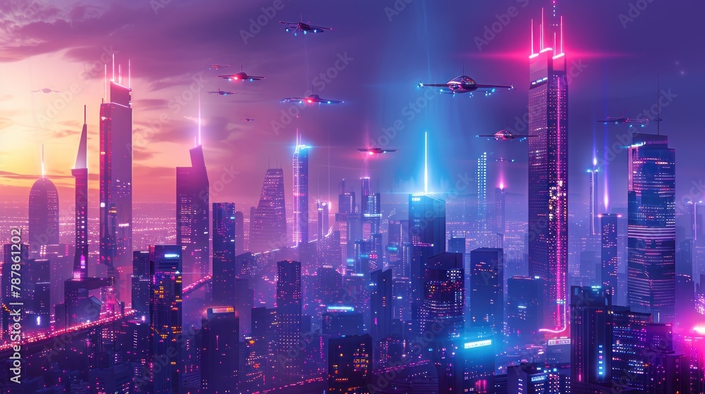 A cityscape with neon lights and flying drones
