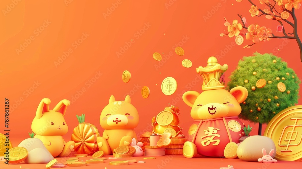 Collection of Chinese new year animals and objects on an orange background, including gold coins, rocks, bushes, cute bunnies and a bag containing a Chinese character to represent fortune and luck. Collection of Chinese new year animals and objects on an orange background, including gold coins, rocks, bushes, cute bunnies and a bag containing a Chinese character to represent fortune and luck.