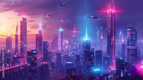 A cityscape with neon lights and flying drones