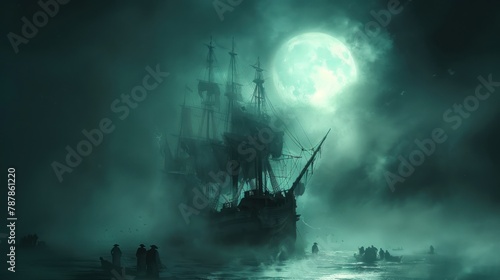 A ship is sailing in the dark with a full moon in the background