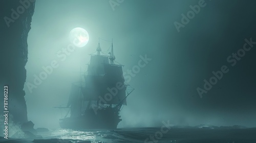 A large ship sails in the dark ocean with a full moon in the background