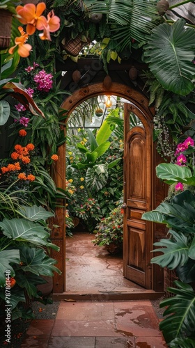 A door is open in a lush green garden