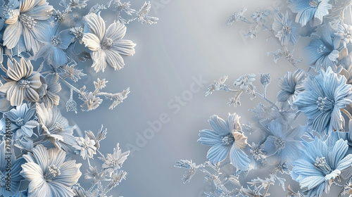 Winter floral background with icy blooms, crystal and silver elegance on grey.