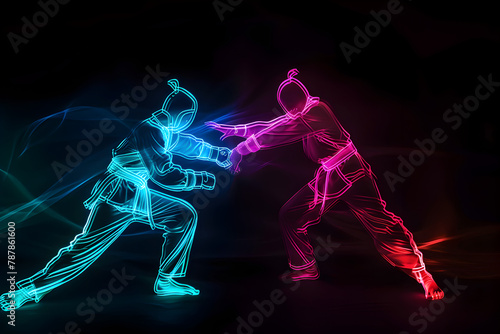 Neon silhouettes of taekwondo fighters sparring isotated on black background.