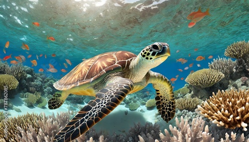 Spectacular Sea Coral Turtle: A 3D Underwater Wonder"