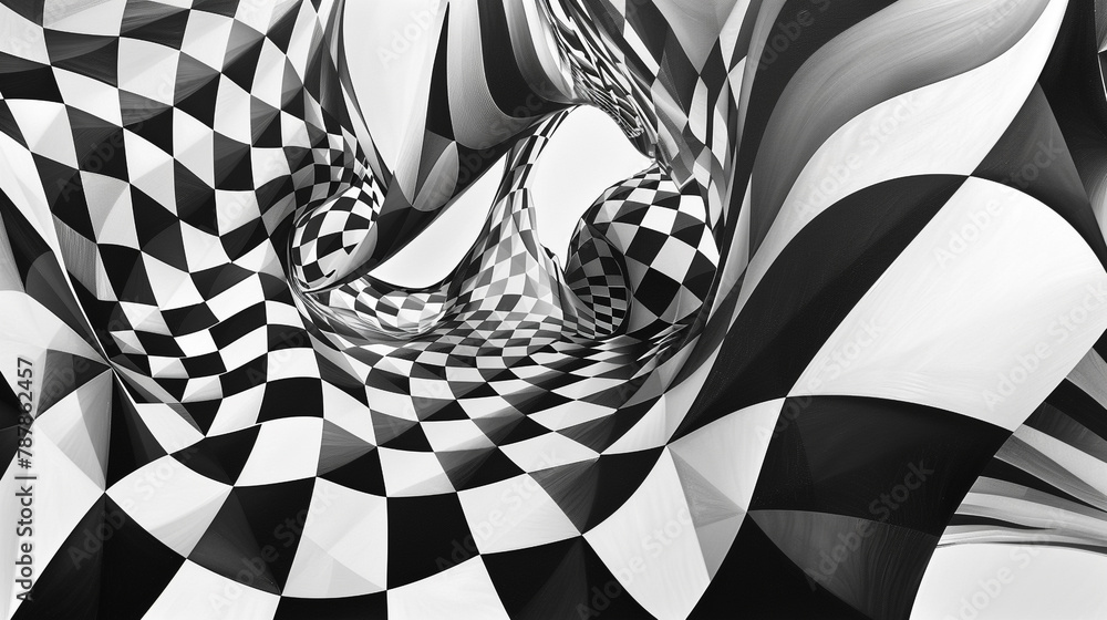 Fototapeta premium Tessellated black-white shapes transforming, creating movement illusion.