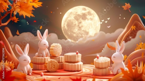 Mooncakes stacked on top of a full moon at night in orange fall scenery.