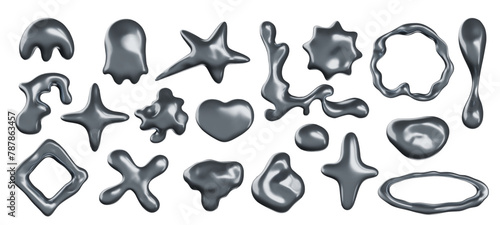 Abstract liquid metal shapes. Metallic shapes and chrome blobs, glossy stars and Y2K heart, melted silver frame and molten mercury corner 3d vector set