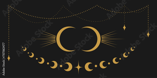 Vector celestial golden border set with stars, moon phases, crescents and dots. Collection of ornate shiny magical isolated clipart for mystic decoration