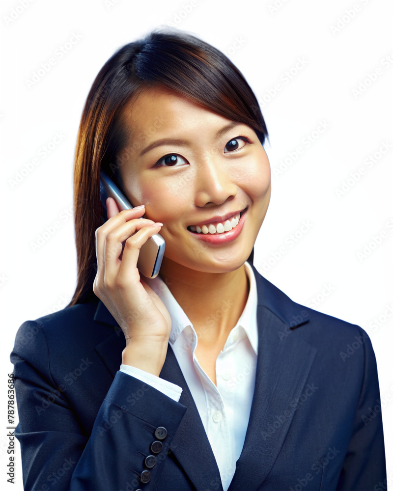 A business Asian woman is talking on the phone in a PNG file A business Asian woman is talking on the phone in a PNG file