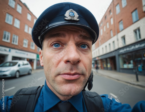 macro photo, postman in modern style, grimacing, caricature, blue eyes, dof, focus 15mm, fisheye lens, lomo filter, haze photo