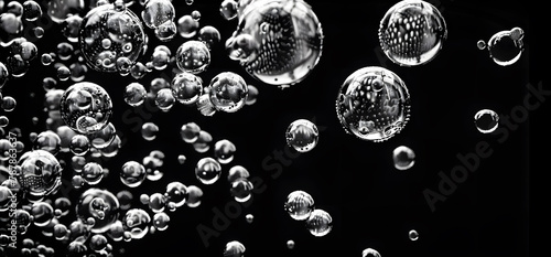 The movement of air in the water. Macro. Black and white. For eco concepts or drinks, liquids with bubbles, abstract backgrounds. photo