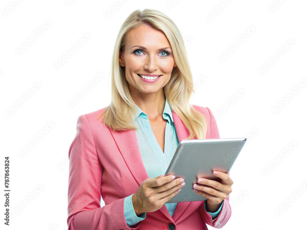 Business-confident businesswoman with a digital tablet - PNG file Business-confident businesswoman with a digital tablet - PNG file