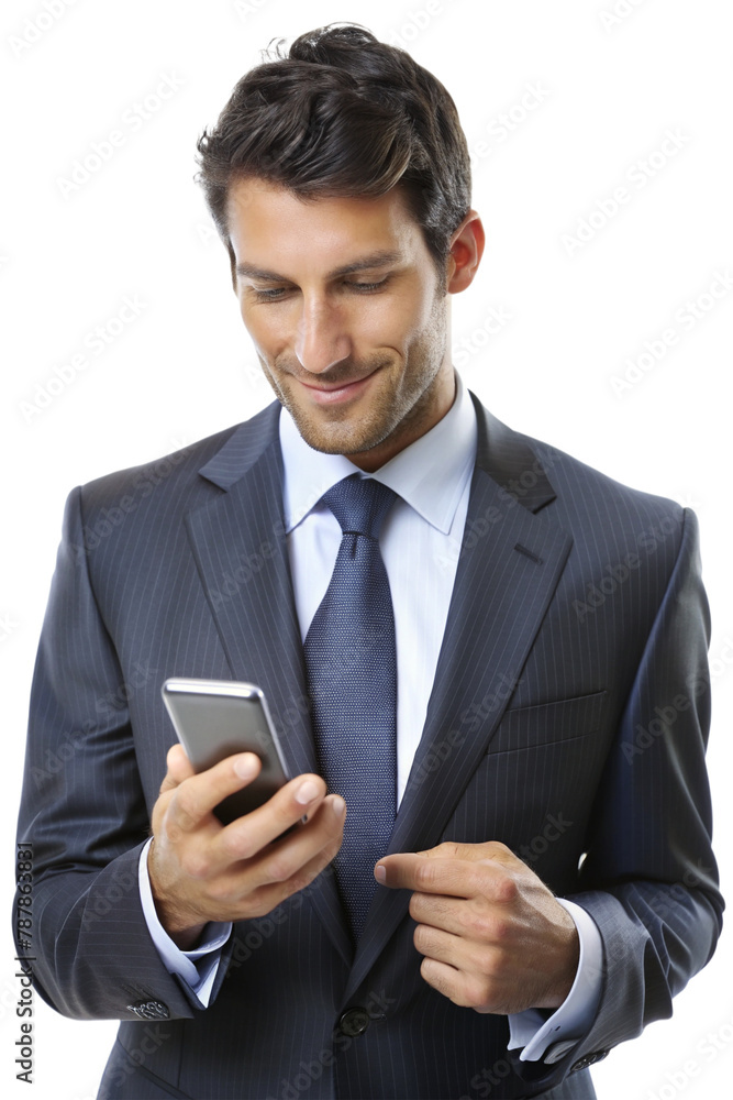 A happy and smiling businessman is talking on his mobile phone. The image is in PNG format A happy and smiling businessman is talking on his mobile phone. The image is in PNG format