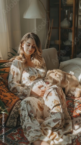 Pregnant woman having a relaxing day indoors with pets