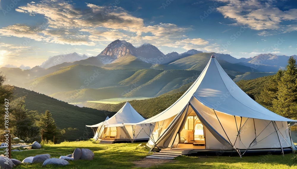 camping in the mountains mountain vista showcasing upscale glamping tents amidst the tranquil countryside, providing guests with a luxurious camping
