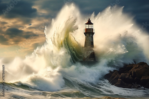 Sea lighthouse in stormy weather surrounded with high splashing waves