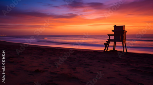 Twilight Tranquility: A Serene Coastal Scene as the Sun Sets over the Palm Trees and Lifeguard Chair