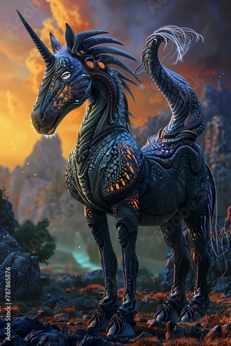 Horse hybrid creature  fantastical design  detailed  mythical setting  