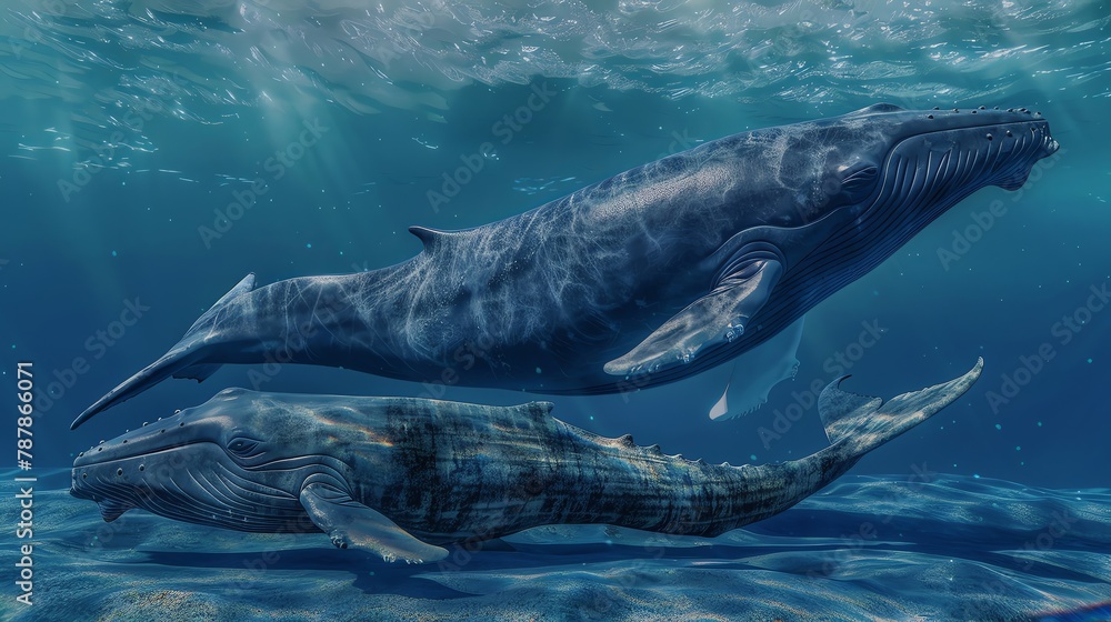 Fototapeta premium Modern blue whale compared to ancient fossils, size comparison, clear ocean backdrop, 