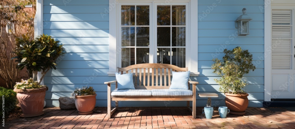Outdoor patio with wooden furniture and plants in front of blue house