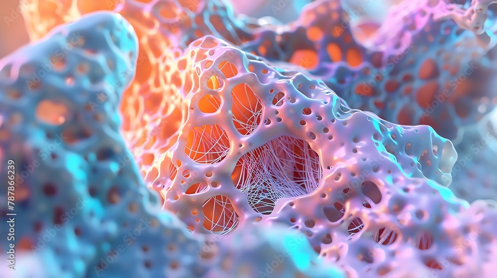 Obraz premium Protein fibers in bone tissue, microscopic view, highly detailed, scientific illustration,