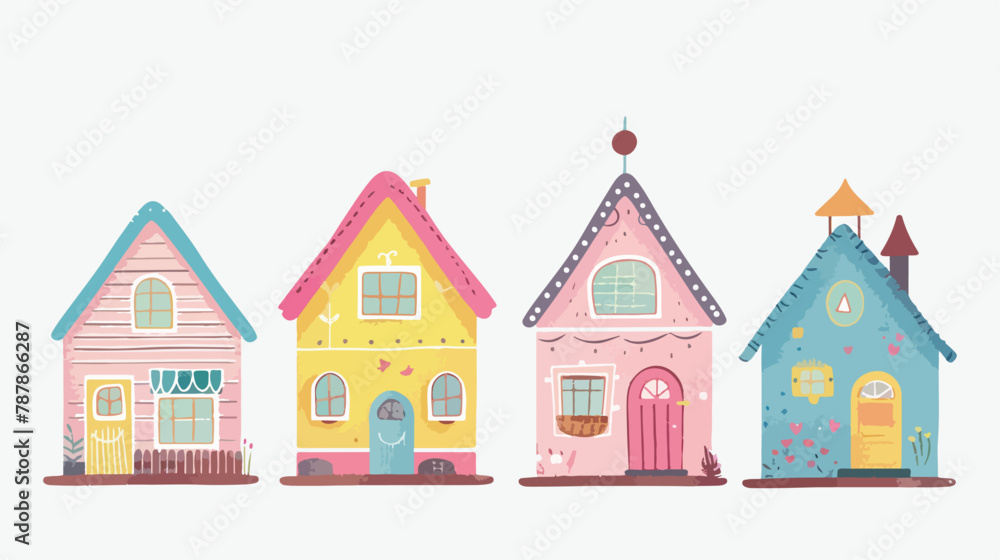 Four small tiny houses. Paper cut style. Flat design.