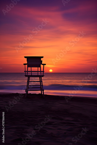Twilight Tranquility: A Serene Coastal Scene as the Sun Sets over the Palm Trees and Lifeguard Chair © Lelia