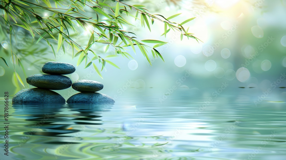 A collection of rocks balanced atop a water body, backed by bamboo foliage A collection of rocks balanced atop a water body, backed by bamboo foliage