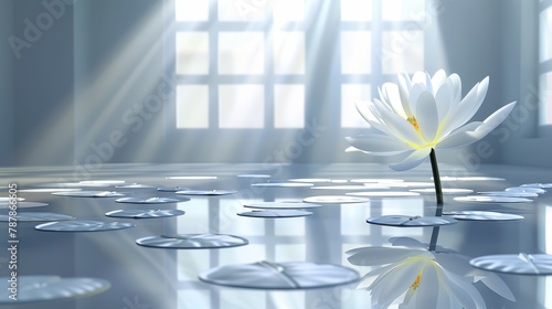   A large, pristine white bloom rests in the heart of a spacious room, where water lilies buoyantly float on the water's surface photo