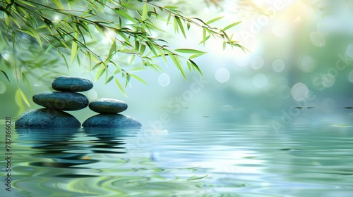  A collection of rocks balanced atop a water body, backed by bamboo foliage