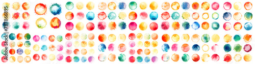 Set of color watercolor circle set. Vector smear watercolor splash stain on white and transparent background. Round hand drawn watercolor with yellow, blue, red, pink, orange, green ink color