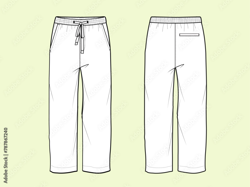 Nightwear loss fit Trousers with Drawcord - Complete Front and Back Vector Flat Sketch Nightwear loss fit Trousers with Drawcord - Complete Front and Back Vector Flat Sketch