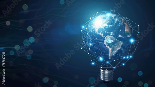 Abstract blue light bulb with digital world inside  Technology Network Data Connection  dark blue background 