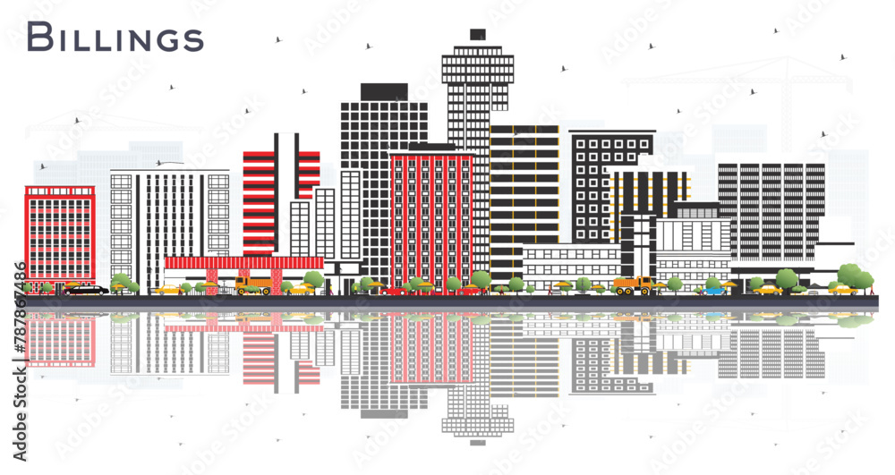 Billings Montana City Skyline with Color Buildings and reflections Isolated on White. Travel and Tourism Concept with Modern Architecture. Billings USA Cityscape with Landmarks.