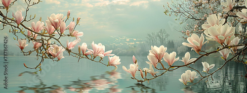   Pink blossoming magnolia  flowers over blue water on beautiful, misty day. Spring vibes   © Bogna