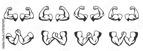 Strong arm muscles. Muscular arms, flexing biceps and fitness or gym stencil cartoon vector illustration set