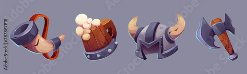 Viking game icons set. Cartoon vector illustration kit of medieval warrior wooden and metal accessories - drink horn and mug of beer with foam, horned helmet and axe. Ancient tool gui props.