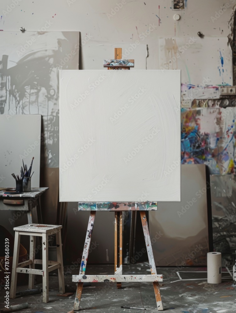 A white canvas on a wooden easel with a white canvas on it A white canvas on a wooden easel with a white canvas on it