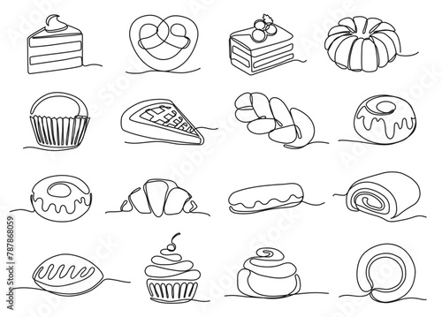 Continuous one line sweet bakery. Pastry and dessert icons vector illustration set with editable stroke paths