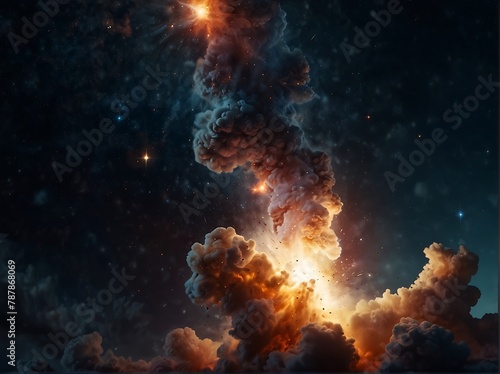 Huge explosion in space, the Big Bang, a sky filled with galaxies, stars and nebulae in the vastness of space.