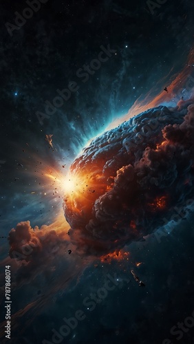 Huge explosion in space, the Big Bang, a sky filled with galaxies, stars and nebulae in the vastness of space. © VFX1988