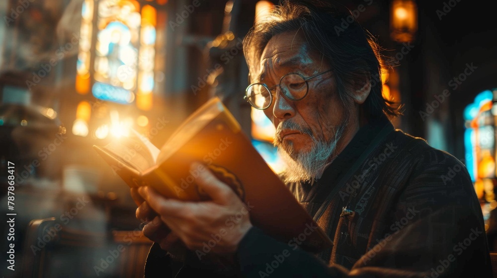 In a quiet chapel, an Asian man bows his head in deep contemplation, his hands clasped over a cherished Bible. Rays of sunlight filter through stained glass windows, casting a warm glow