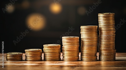 Stack of money coins financial graph. Money economic growth concept and isolated blur