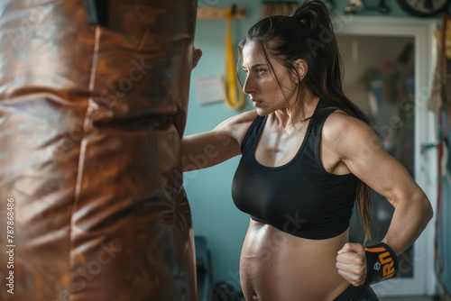 Pregnant athlete training with a boxing bag, showcasing strength and empowerment