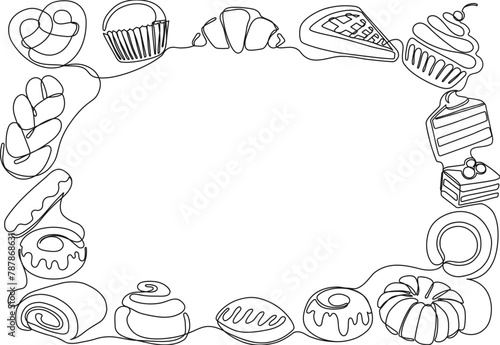 One line sweet bakery frame. Baked goods and desserts for menu border, recipe card or culinary themed vector illustration © WinWin