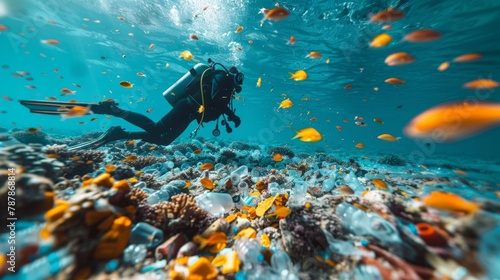 Amidst the swirling currents of the ocean, a scuba diver diligently collects plastic and garbage waste scattered across the seabed, their efforts aimed at addressing the urgent issue of environmental 